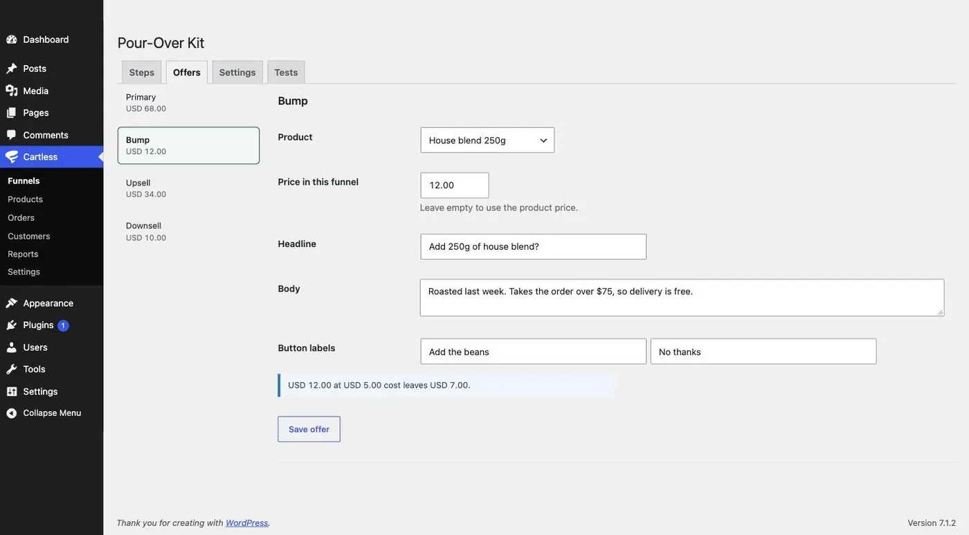 The bump offer in the funnel editor: the product, the price in this funnel, the headline and body the buyer reads, both button labels, and a line stating the margin.