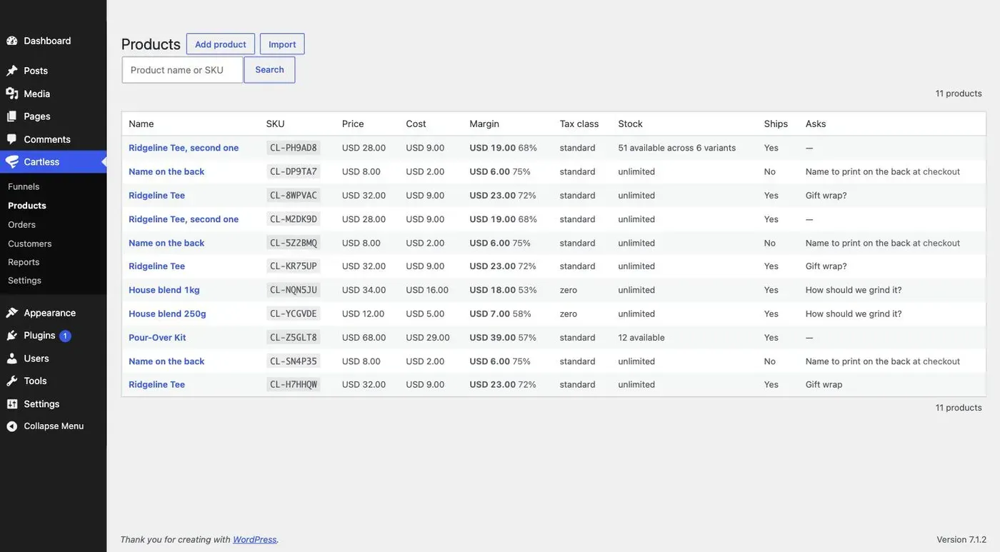 The products list: every product with its SKU, price, cost, margin, tax class, and a Stock column reading unlimited, 12 available, or 51 available across 6 variants.
