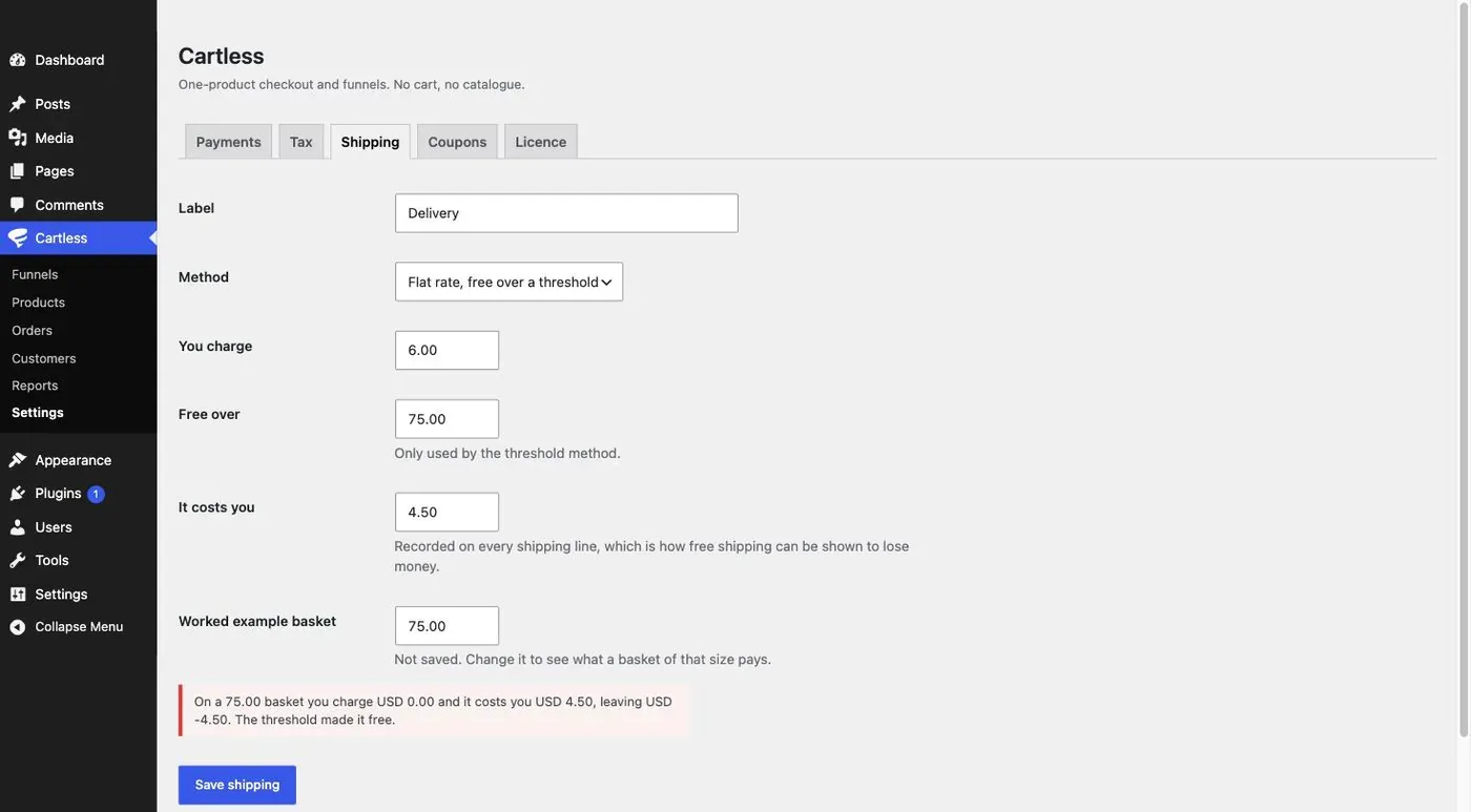 The Shipping tab with a flat rate free over a threshold, and a worked example showing a $75 basket charged nothing while still costing the merchant $4.50.
