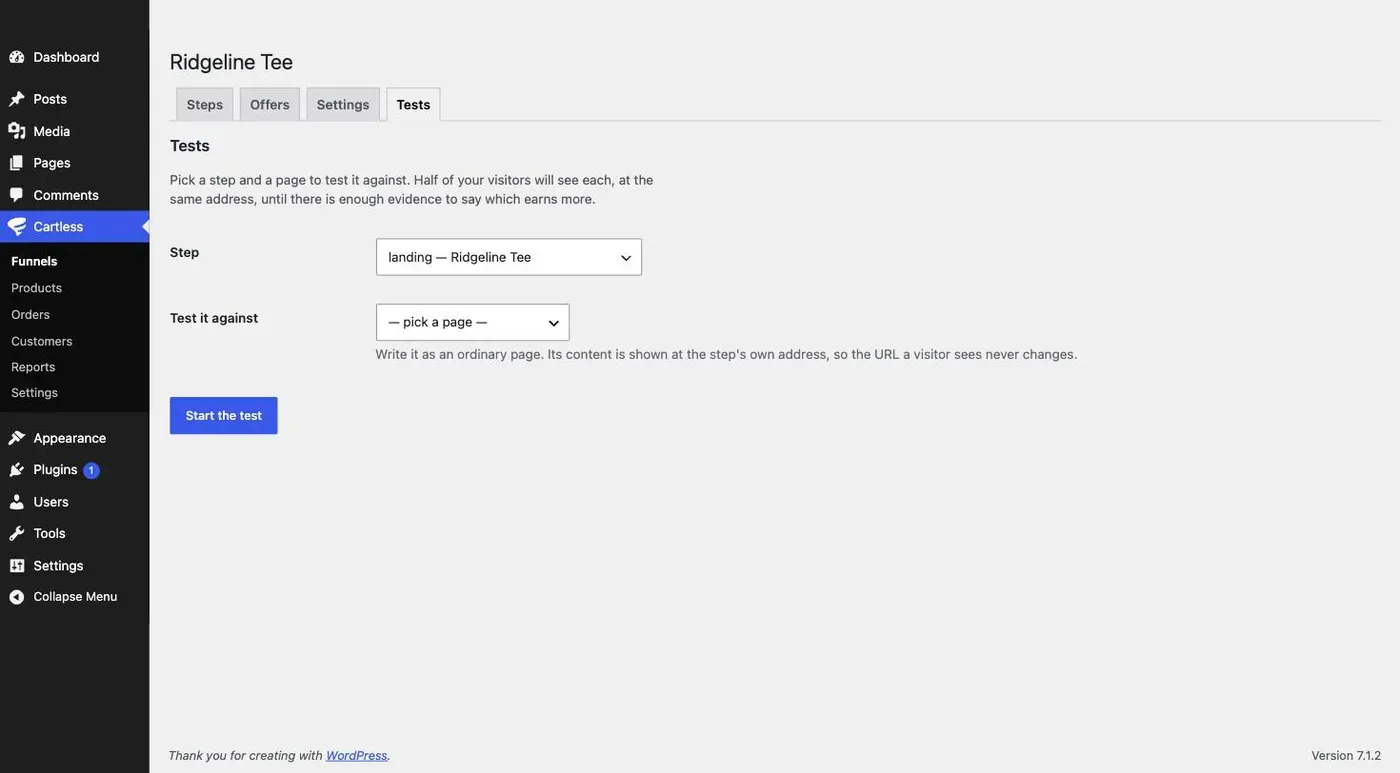 The Tests tab: a step to test, a page to test it against, and a Start the test button.