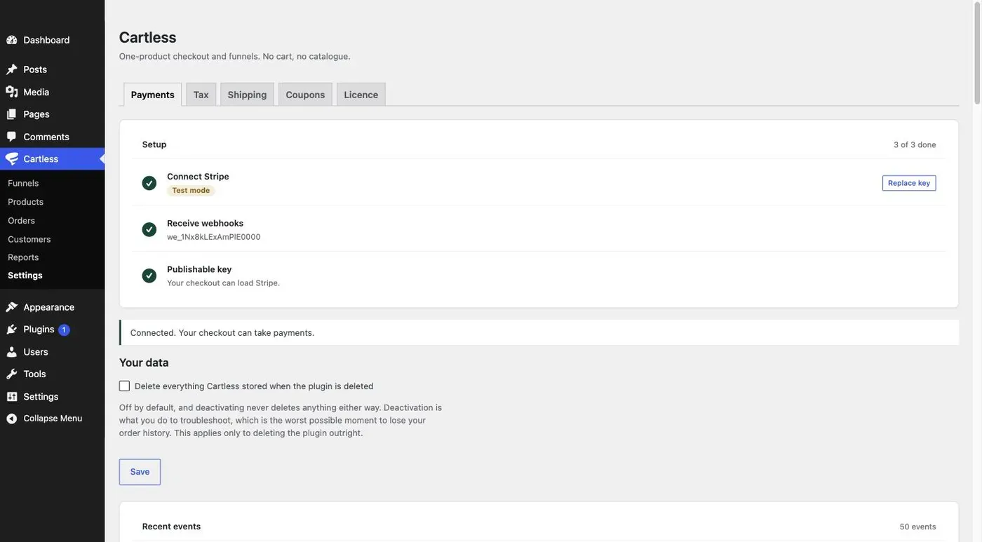 The Payments tab: a three-step setup checklist with Connect Stripe marked test mode, the webhook endpoint registered, and the publishable key saved.