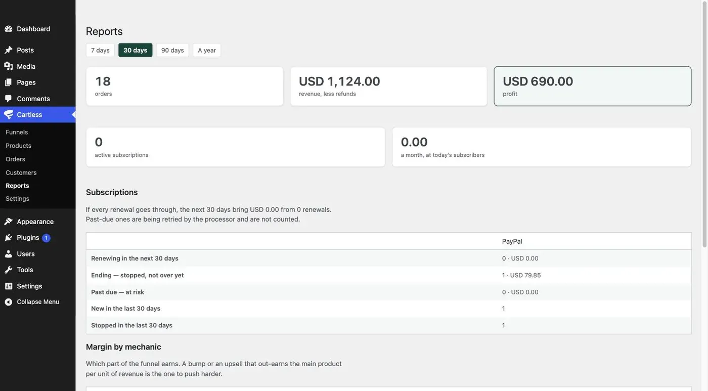 Subscription reporting: active subscriptions and monthly revenue, then a table of the month ahead — renewing, ending, past due — per processor.