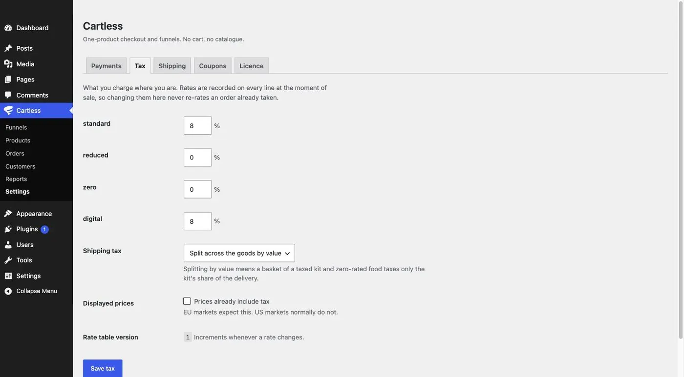 The Tax tab: a percentage for each of the four classes, the shipping-tax treatment set to split across the goods by value, a tax-inclusive pricing checkbox, and the rate table version.