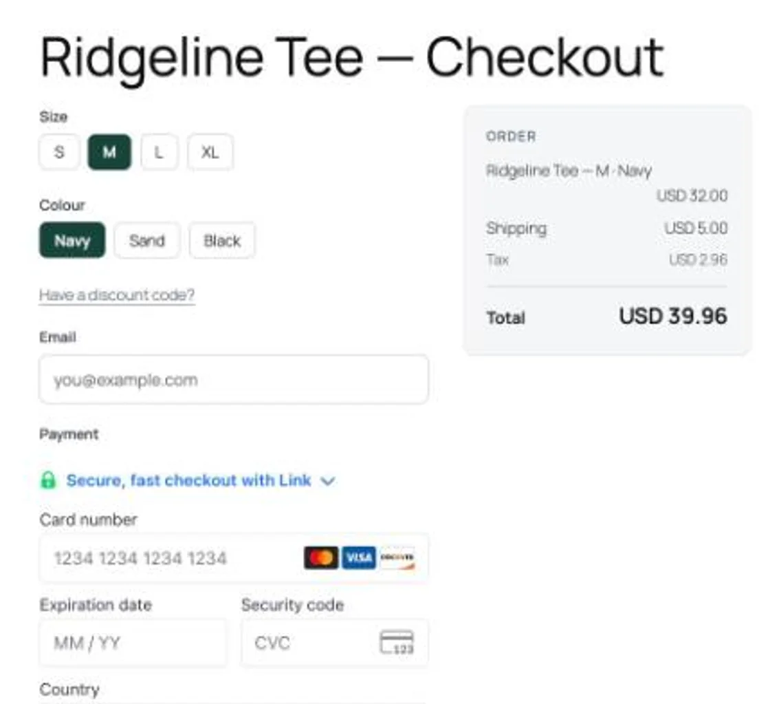 The Cartless checkout: size and colour, email, card, an order bump in a sand-coloured box, and a green Pay button.