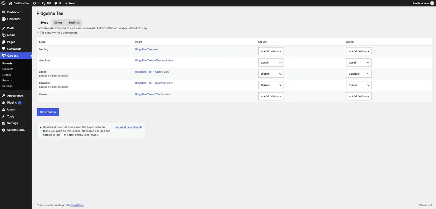 The funnel editor's Steps tab: five steps, each with an On yes and On no route.